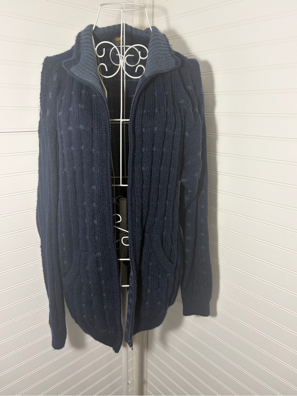 Alpaca Women's Navy Cable Zip-Front Cardigan Sweater